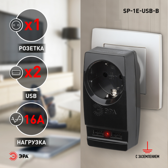 Адаптер Polynom ЭРА 1гн 220V+2*USB 2100mA, с заземл, (черный) (10/60/1440) 